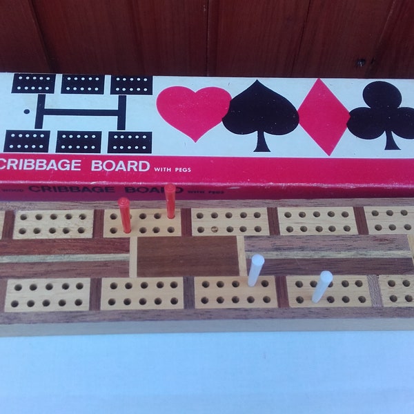 Inlaid Wood Cribbage Board with Pegs 1970s Brand F.C. Made in Hong Kong - Vintage Card Game Counting Scoring Board
