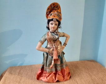 Oriental Indian Fabric Sewn Traditional Dress  Vintage Souvenir Dancing Doll Figurine Figure