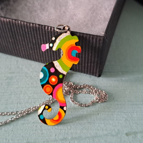 Seahorse Necklace. Vintage  Psychedelic Enamel Silver Tone Pendant Charm and Chain.