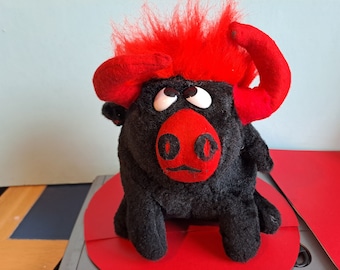 Vintage Large Black and Red Bull Bullock Teddy - Very Rare Collectable Plush Toy.