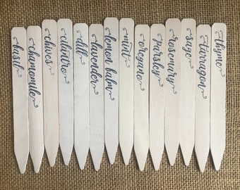 14 Culinary Herb Garden Markers / Plant Labels / Rustic White Wooden Herb Garden Labels Stakes - Gift for Gardener - Stocking Stuffers