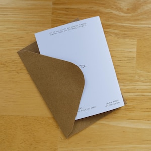 May include: A white greeting card with the text "D." is partially inserted into a brown envelope. The card and envelope are on a light brown wooden surface. Text on the card reads "5% OF ALL PROFITS ARE DONATED TOWARDS PLANTING TREES AND SUSTAINABLE PROJECTS."