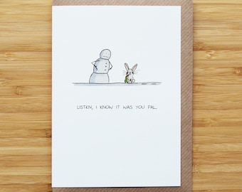 Cartão de Natal com boneco de neve e coelho - Engraçado - Cartão Reciclado