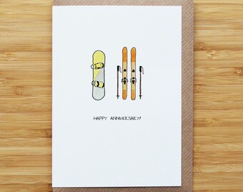 Anniversary Skis & Snowboard Card - Snow - Recycled Card
