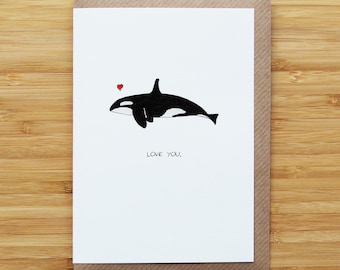 Carte Love Orca - Mignonne - Saint-Valentin - Coeur - Recyclée