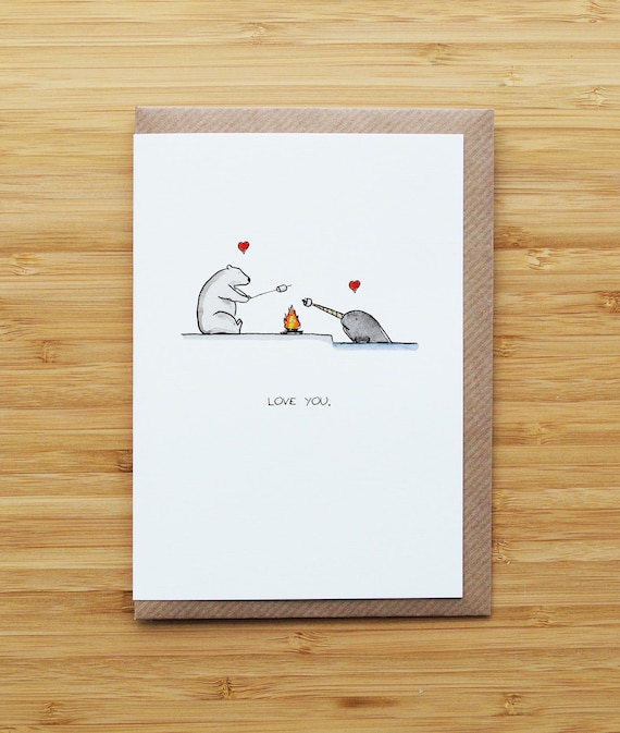Love Narwhal and Polar Bear Card - Cute - Valentines - Heart