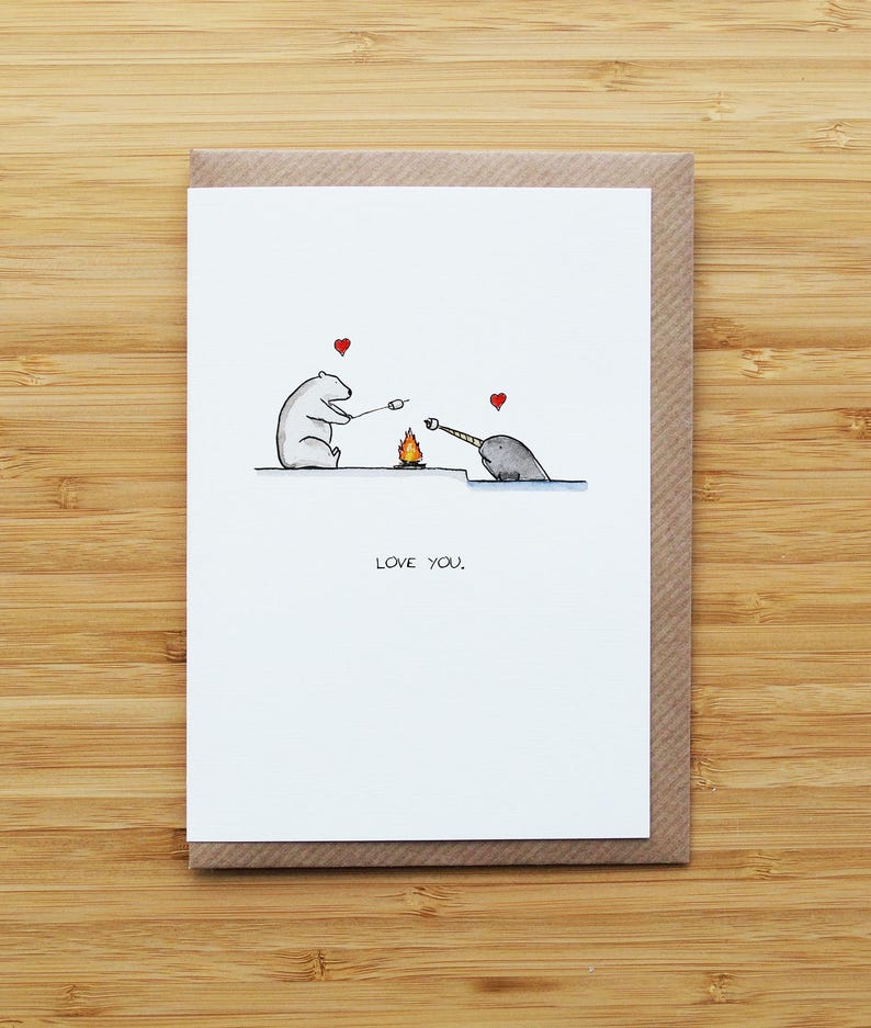 Love Narwhal and Polar Bear Card - Cute - Valentines - Heart Card (Caption)