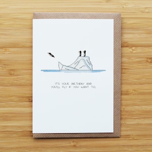 Tarjeta de cumpleaños de pingüino saltando - Divertida - Tarjeta reciclada