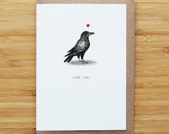 Love Crow Card - Cute - Valentines - Heart - Recycled