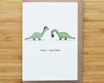 Dinosaur Presents Christmas Card - Cute - Santa Hat - Recycled Card