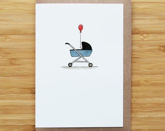 Pram and Balloon Card - Newborn - New Baby - Recycled Card