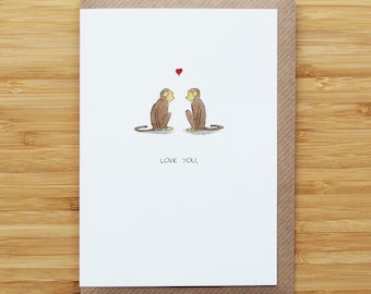 Love Monkeys Card - Cute - Valentines - Heart - Recycled