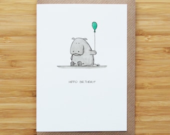 Hippo Birthday Card - Cute - Balloon - Recycled Card