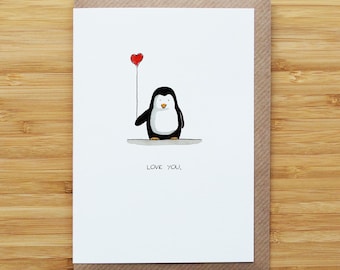 Love Penguin Card - Cute - Valentines - Heart - Recycled