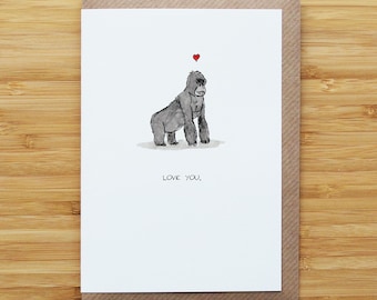Love Gorilla Card - Cute - Valentines - Heart - Recycled