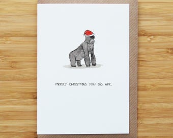 Gorilla Christmas Card - Funny - Santa Hat - Recycled Card