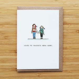 Tarjeta de compañero de senderismo - Pareja que camina o acampa - Tarjeta reciclada