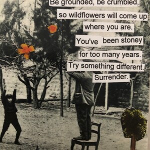 May include: A black and white photo of a person standing on a chair in a yard. The person is holding a gun. The photo is surrounded by text that reads: "Very little grows on jagged rock. Be grounded, be crumbled, so wildflowers will come up where you are. You've been stoney for too many years. Try something different. Surrender."