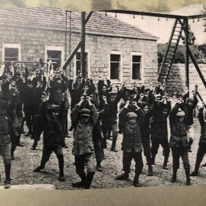 May include: A black and white photograph of a group of children standing in front of a building, raising their arms in the air. A bird flies overhead.