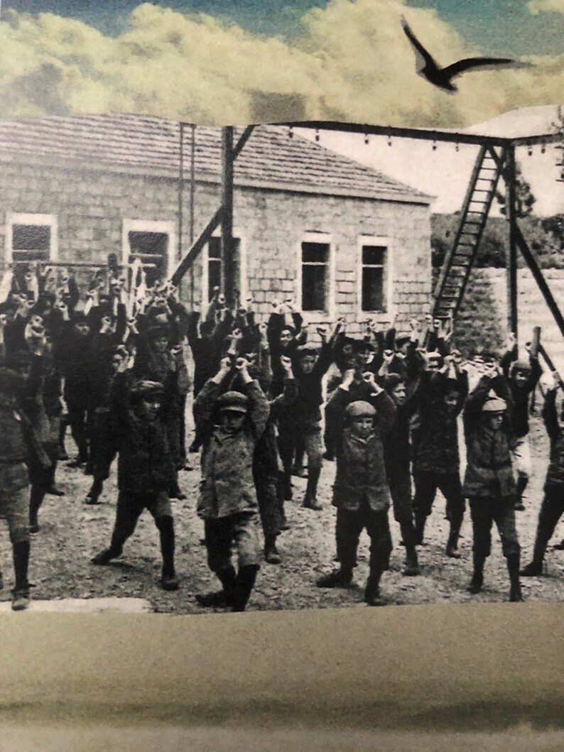 May include: A black and white photograph of a group of children standing in front of a building, raising their arms in the air. A bird flies overhead.