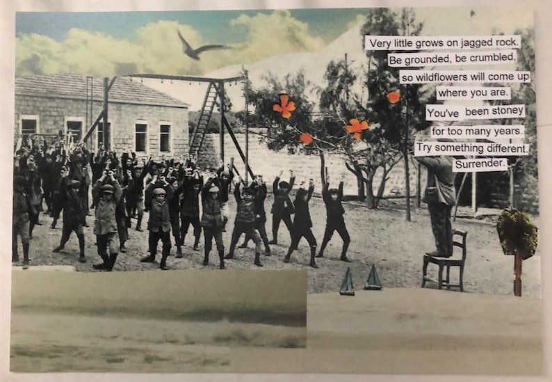 May include: A black and white photo of a group of children with their arms raised in the air. The children are standing in a schoolyard with a building in the background. The photo is overlaid with a collage of orange flowers and text that reads: "Very little grows on jagged rock. Be grounded, be crumbled, so wildflowers will come up where you are. You've been stoney for too many years. Try something different. Surrender."