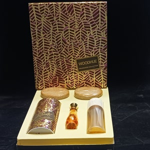 Woodhue by Faberge, vintage, discontinued, five piece gift set in original box. Never used. Fast, free shipping to U.S.A.