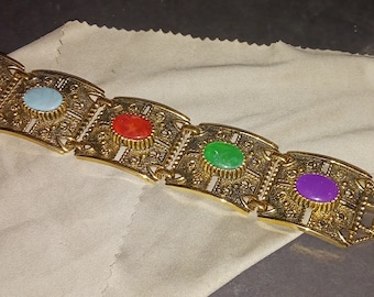 Sarah Coventry, signed, vintage gold tone, 5 multi color faux stones, 7" bracelet. 1970's. Fast, free shipping to U.S.A.