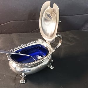 May include: A silver-plated salt cellar with a cobalt blue glass interior. The oval-shaped container has a hinged lid and a small spoon. The salt cellar is supported by three small feet and has a decorative rope-like trim.