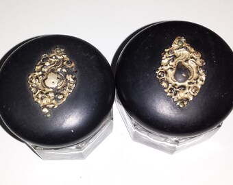 Two Antique 1901 Rouge Powder Pots with Sterling Silver appliques. Free Shipping to U.S.A.