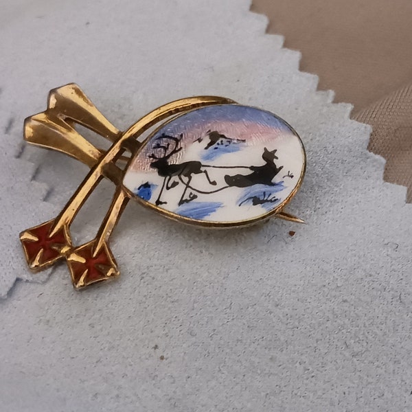 Aksel Holmsen, Norway, vintage Sterling Silver and enamel Reindeer pulling sled scene, brooch. Fast, free shipping to U.S.A.
