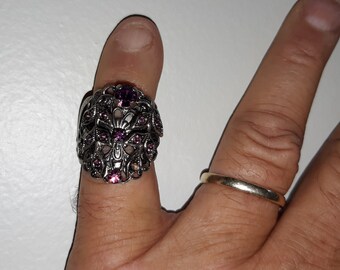 Amethyst colored rhinestones, silver tone, size 6-3/4 vintage ring.  Fast, free shipping to U.S.A.
