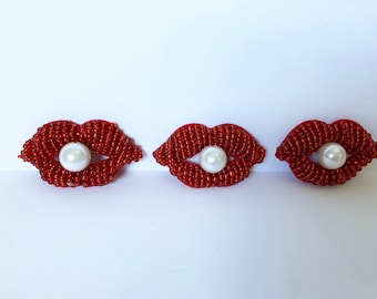 Red Lips Embroidered Patch: Beaded Applique with Pearl