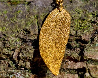 Skeleton leaf necklace, gold electroform