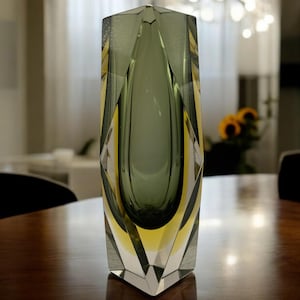 Vintage Mandruzzato Murano Vase: Double Sommerso Faceted Glass, Grey, Green, Amber