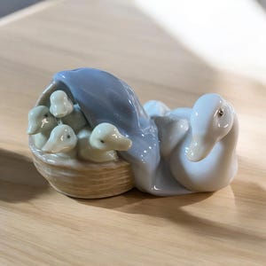 May include: A porcelain figurine of a mother duck with her ducklings. The mother duck is carrying a blue blanket over her back and the ducklings are nestled in a basket. The figurine is painted in shades of white, blue, and beige.