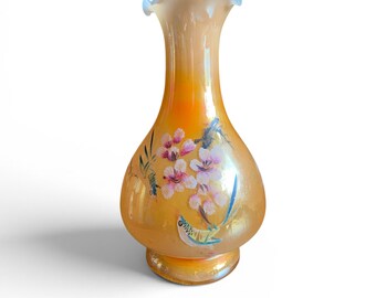 Vintage Fenton Marigold Carnival Glass Vase Hand Painted Bird and