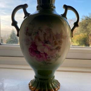 Antique Royal Wettina Austrian Porcelain Vase | Art Nouveau Green and Gold with Hand-Painted Flowers