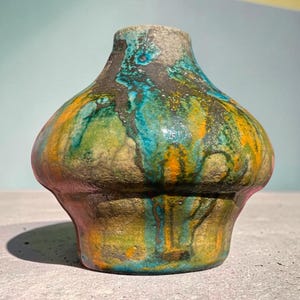 Handmade Raku Pottery Vase, Turquoise and Orange Ceramic Pot, Small Crackle Glaze Bud Vase