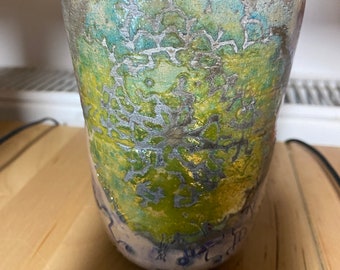 Raku ceramic pot, symbols, yellow, lime, purple