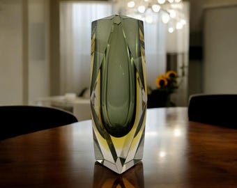 Vintage Mandruzzato Murano Vase: Double Sommerso Faceted Glass, Grey, Green, Amber