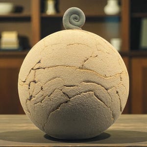 May include: A spherical, textured ceramic sculpture in beige with a cracked surface. A small, gray spiral sits atop the sphere. The sculpture is displayed on a wooden surface, with a blurred background of shelves and objects.