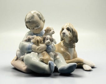 Lladro Figurine "Boy with Puppies & Dog" Model 5456, "New Playmates", Retired, Spanish Porcelain