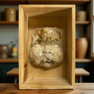 May include: A ceramic doll head with gold accents, displayed in a light brown wooden box. The head has visible cracks filled with gold, and is set against a blurred background of shelves and pottery.