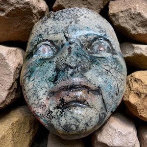 Ceramic face, raku fired, wall decor, original design