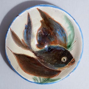 Vintage Puigdemont ceramic bowl, vibrant hand-painted fish design