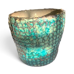 Handmade Raku Fired Ceramic Pot with Copper Mesh and Kintsugi Repair, 7cm