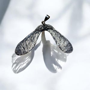 real Sycamore seed pendant, silver samara, double helicopter seed