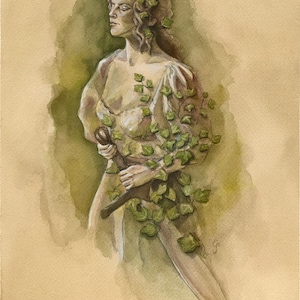 May include: Watercolor painting of a statue of a woman holding a sword, adorned with green ivy. The artwork features a neutral color palette with a soft, blurred background. The statue is depicted in a classical pose, with a serene expression.
