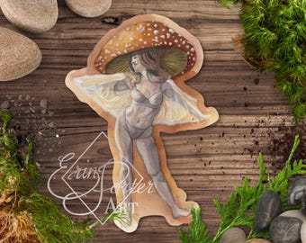Naklejka Mushroom Girl | Flower Fairy | Naklejka Fairy Art | Cottagecore Art | Fairycore | Goblincore | Quirky Watercolor | Mushroom Fairy