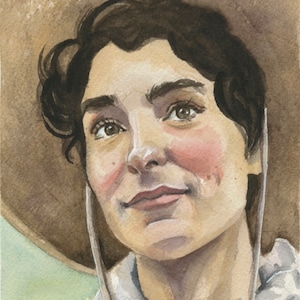 May include: Watercolor portrait of a person wearing a tan cowboy hat and a white shirt. The person has dark brown hair and is looking up with a slight smile. The artist's signature is in the bottom left corner.